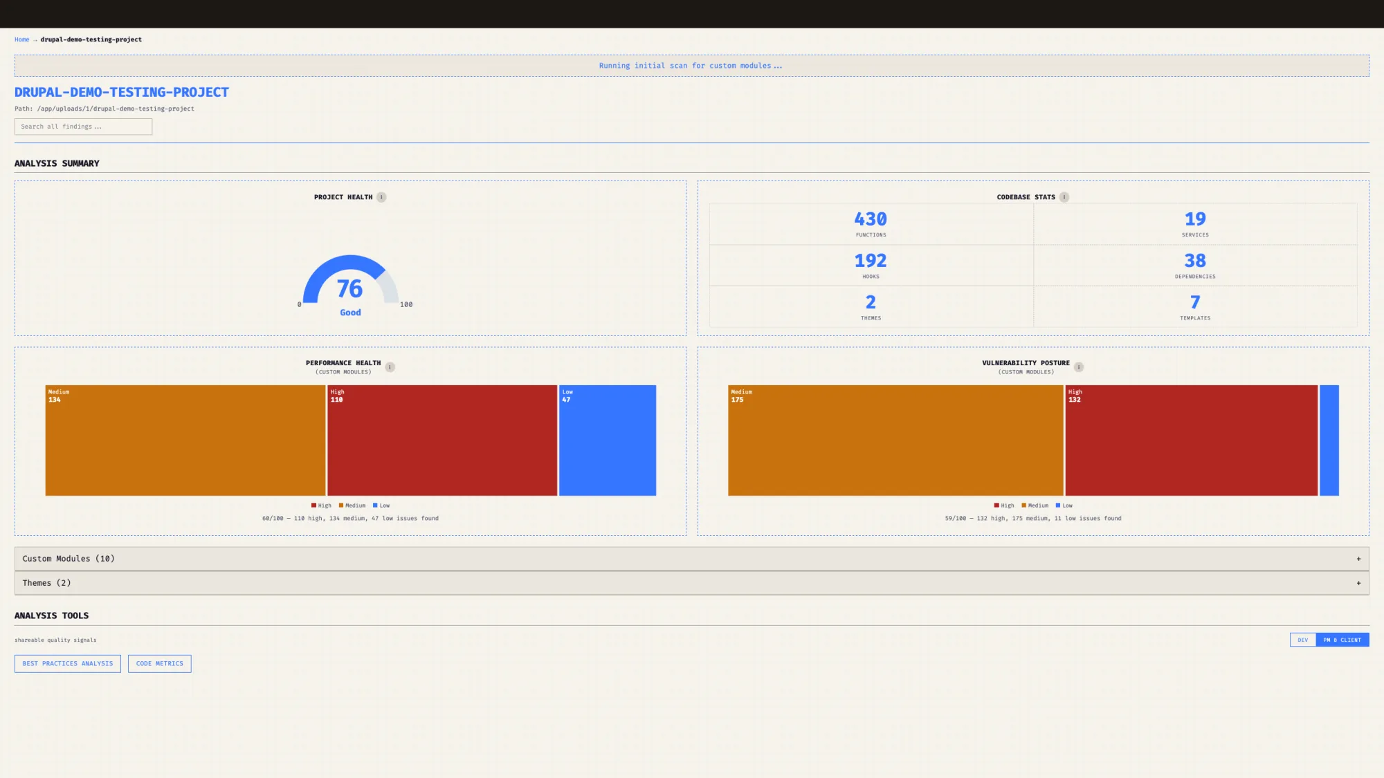 EventHorizon PM and client view: a project health score, codebase stats, and performance and vulnerability posture, shareable without code detail