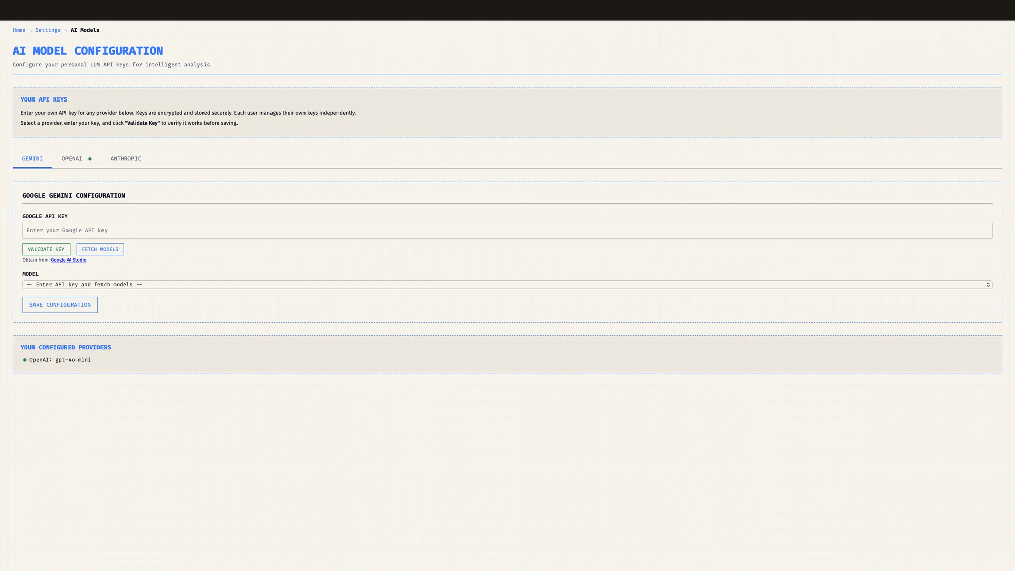 EventHorizon AI configuration screen, choosing an LLM provider and entering your own API key