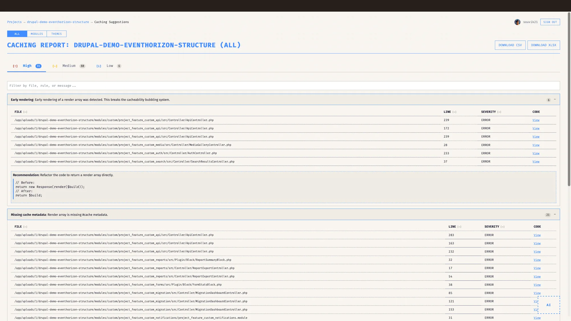 EventHorizon caching report listing Drupal cache issues grouped by severity