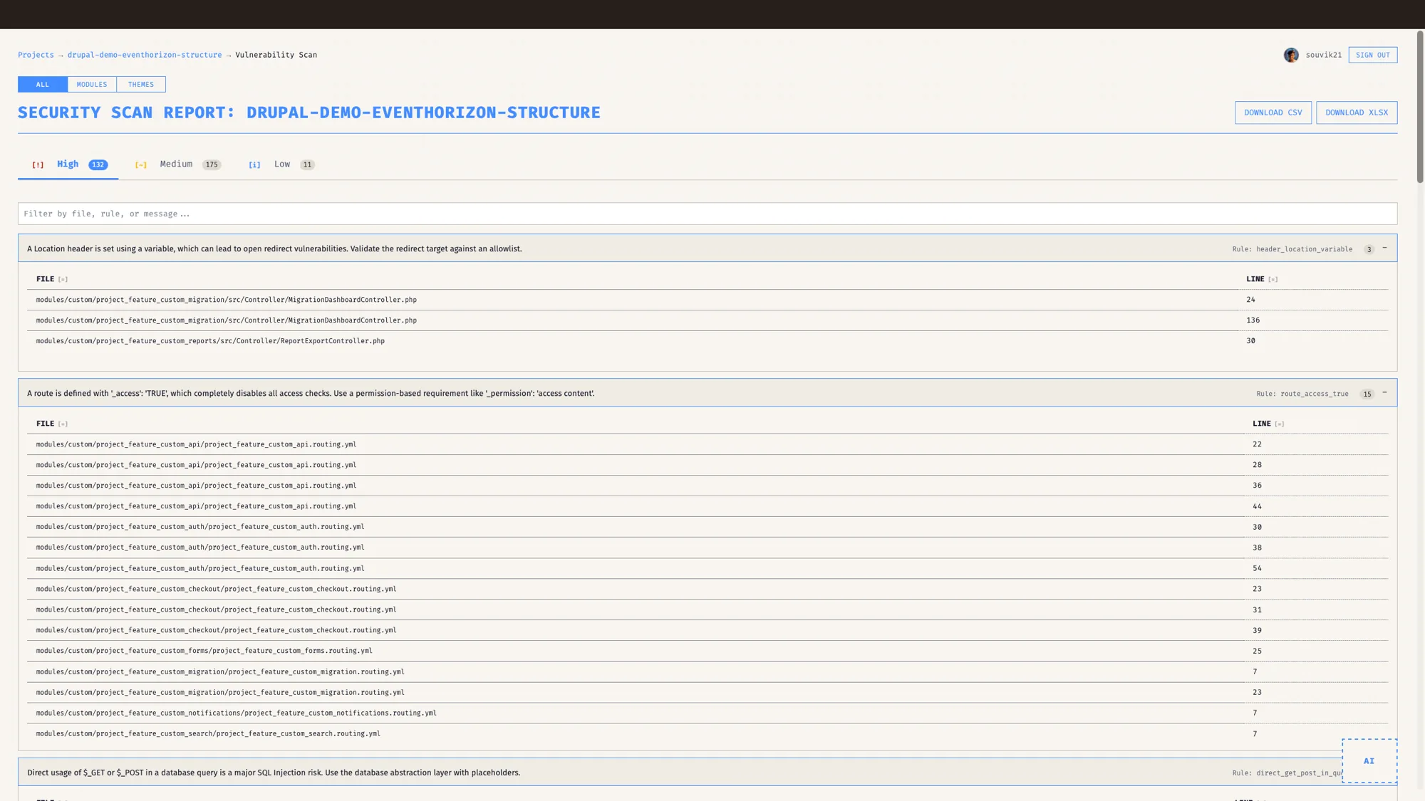EventHorizon vulnerability scan listing Drupal security findings with severity and line numbers